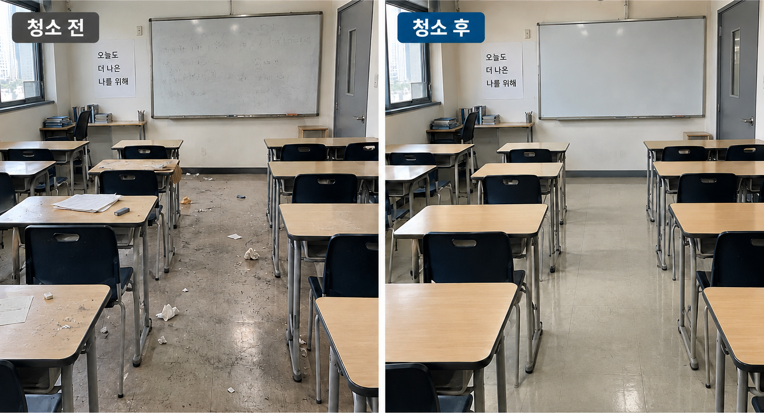 학원청소 청소 전후 비교: 왼쪽 청소 전, 오른쪽 청소 후