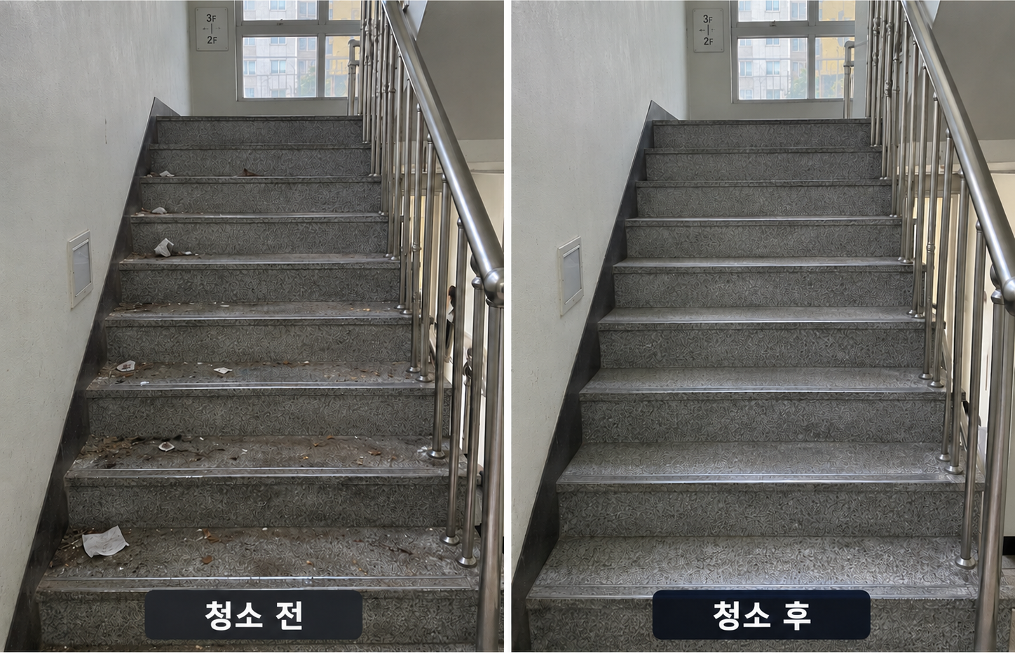 계단청소 청소 전후 비교: 왼쪽 청소 전, 오른쪽 청소 후
