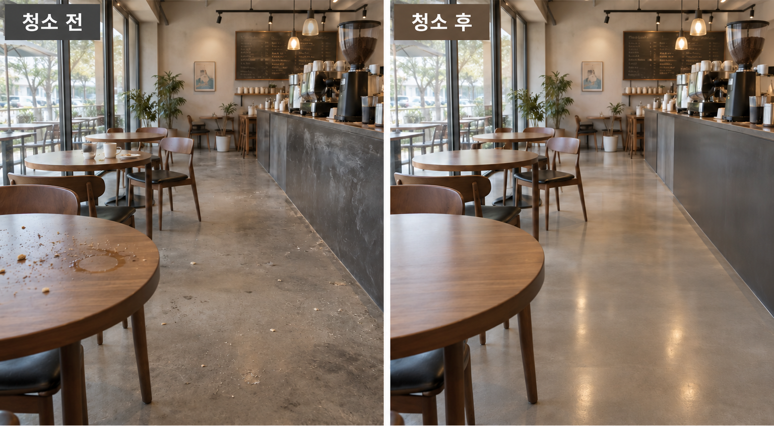 카페청소 청소 전후 비교: 왼쪽 청소 전, 오른쪽 청소 후