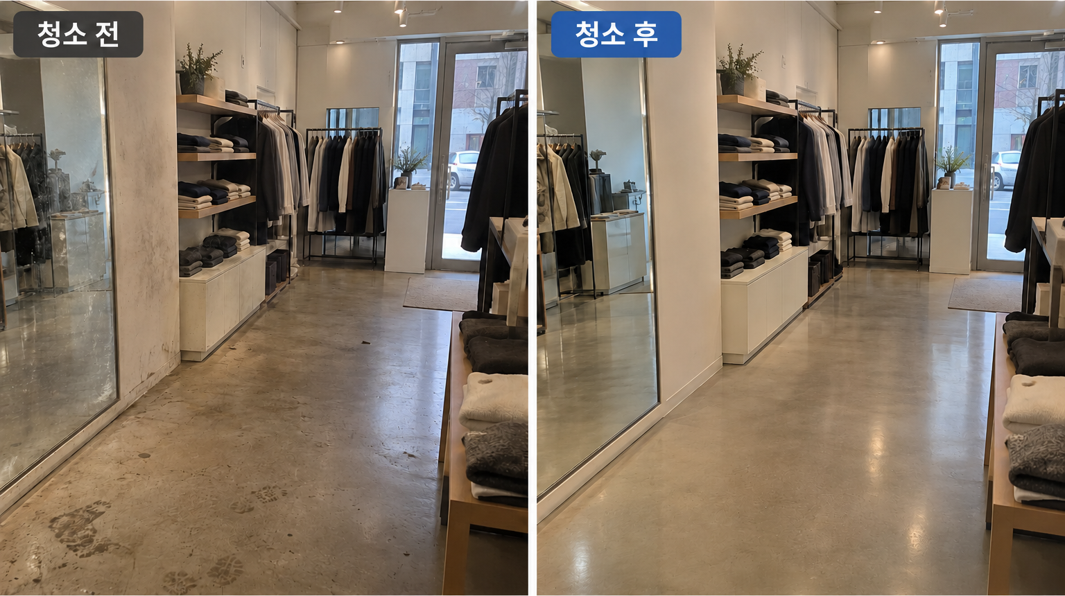 매장청소 청소 전후 비교: 왼쪽 청소 전, 오른쪽 청소 후