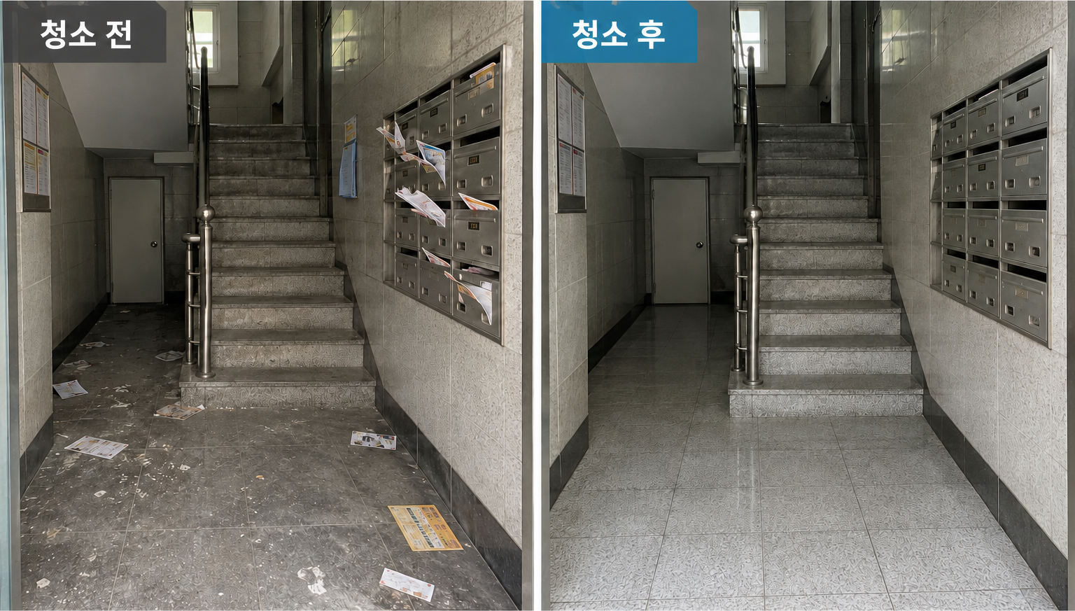 빌라청소 청소 전후 비교: 왼쪽 청소 전, 오른쪽 청소 후