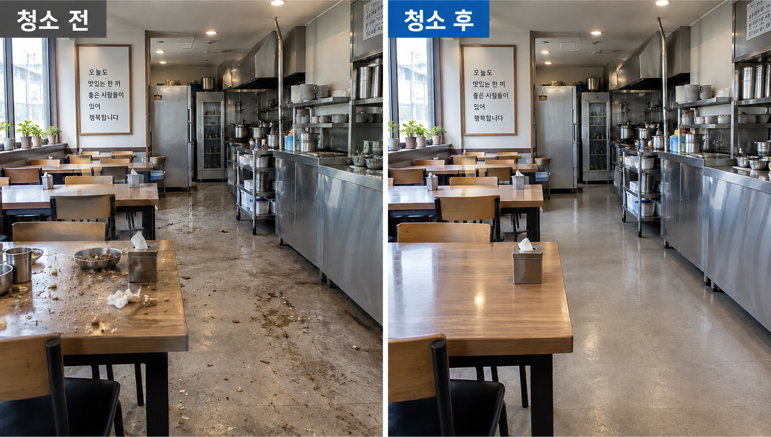 식당청소 청소 전후 비교: 왼쪽 청소 전, 오른쪽 청소 후