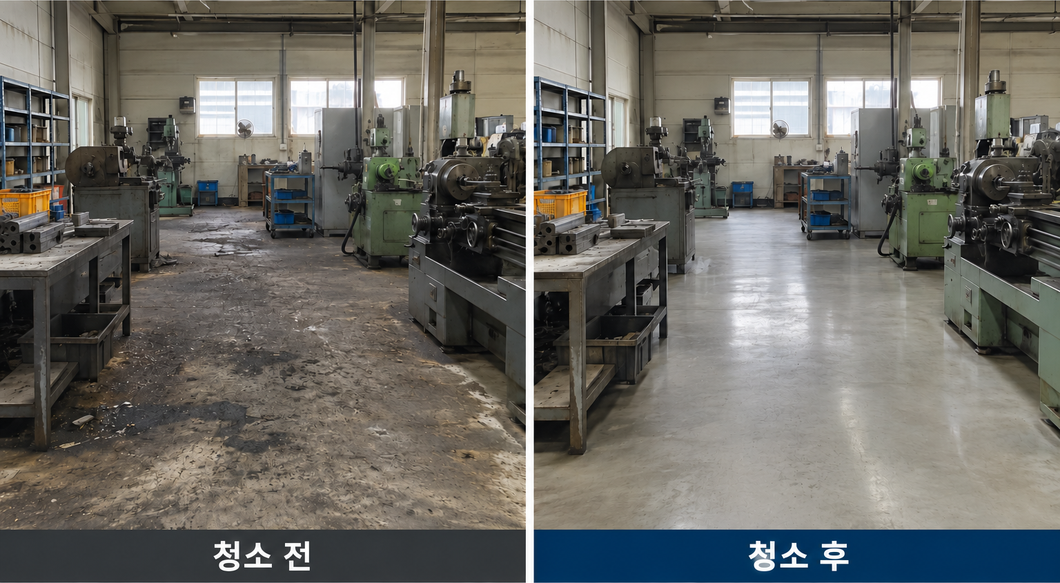 공장청소 청소 전후 비교: 왼쪽 청소 전, 오른쪽 청소 후