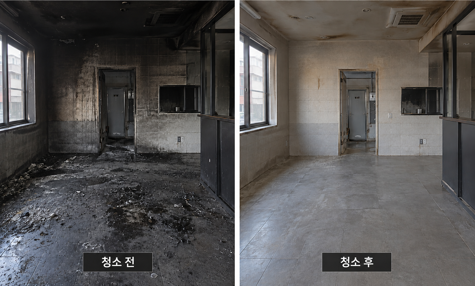 화재청소 청소 전후 비교: 왼쪽 청소 전, 오른쪽 청소 후