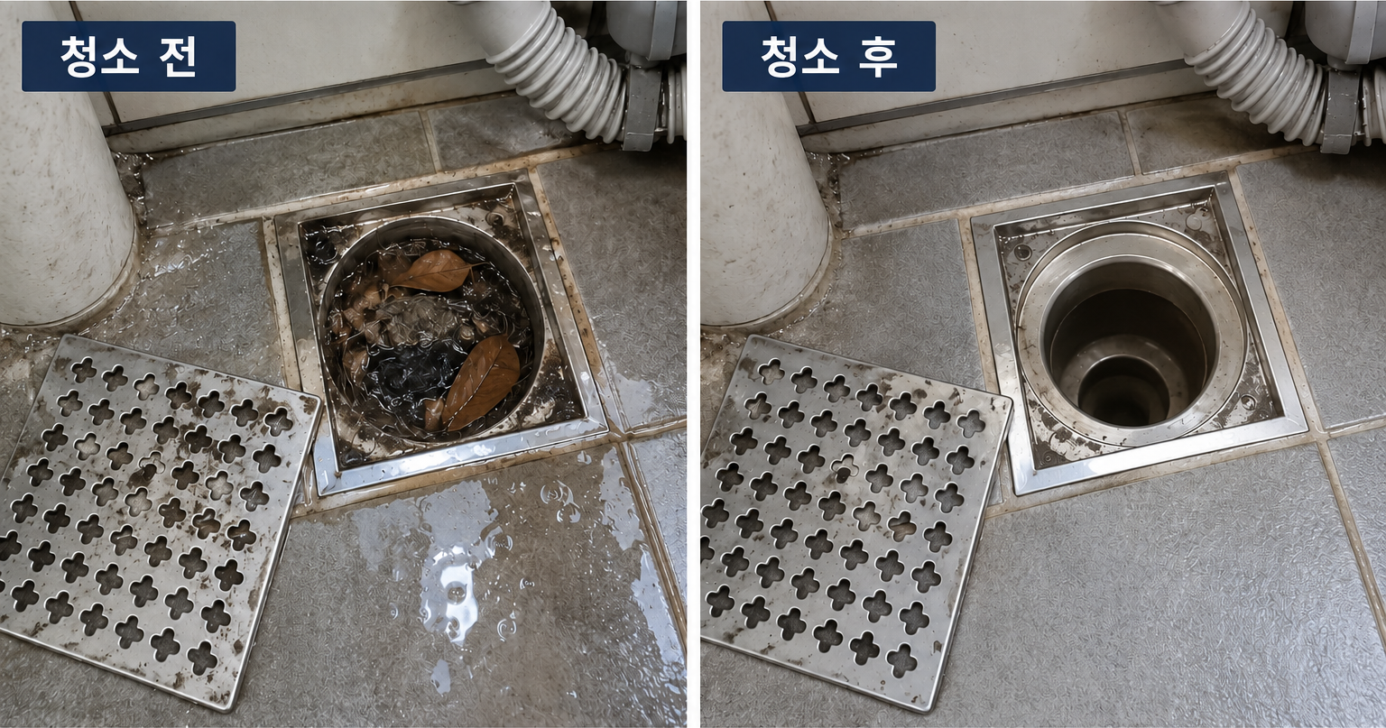 배수관막힘·역류·하수구청소 청소 전후 비교: 왼쪽 청소 전, 오른쪽 청소 후