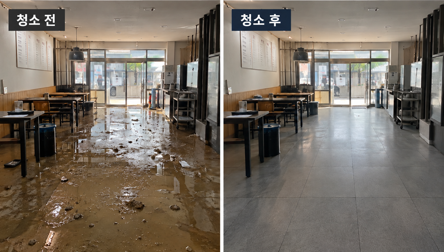 침수청소·역류청소 청소 전후 비교: 왼쪽 청소 전, 오른쪽 청소 후